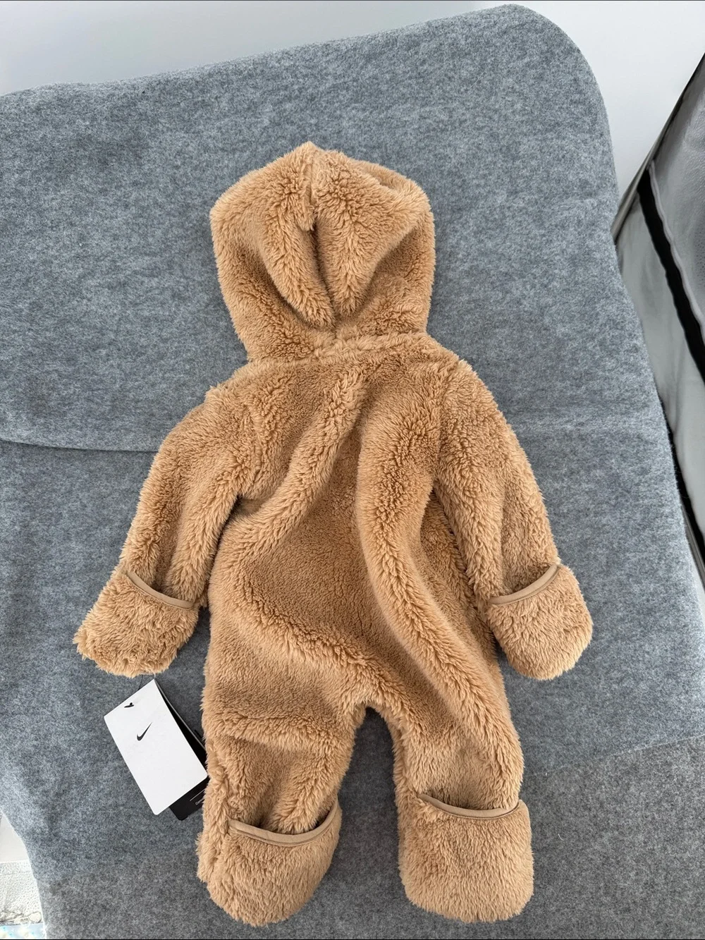 Nike convertible teddy bear Plush Hooded One-Piece in Tan full zip up